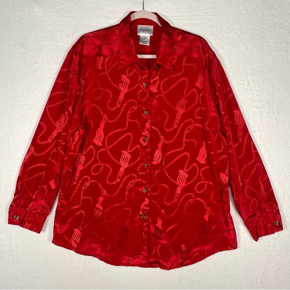 Vtg Jaclyn Smith Womens Plus 18W‎ Blouse Red Tassel Print Long Sleeve Classy